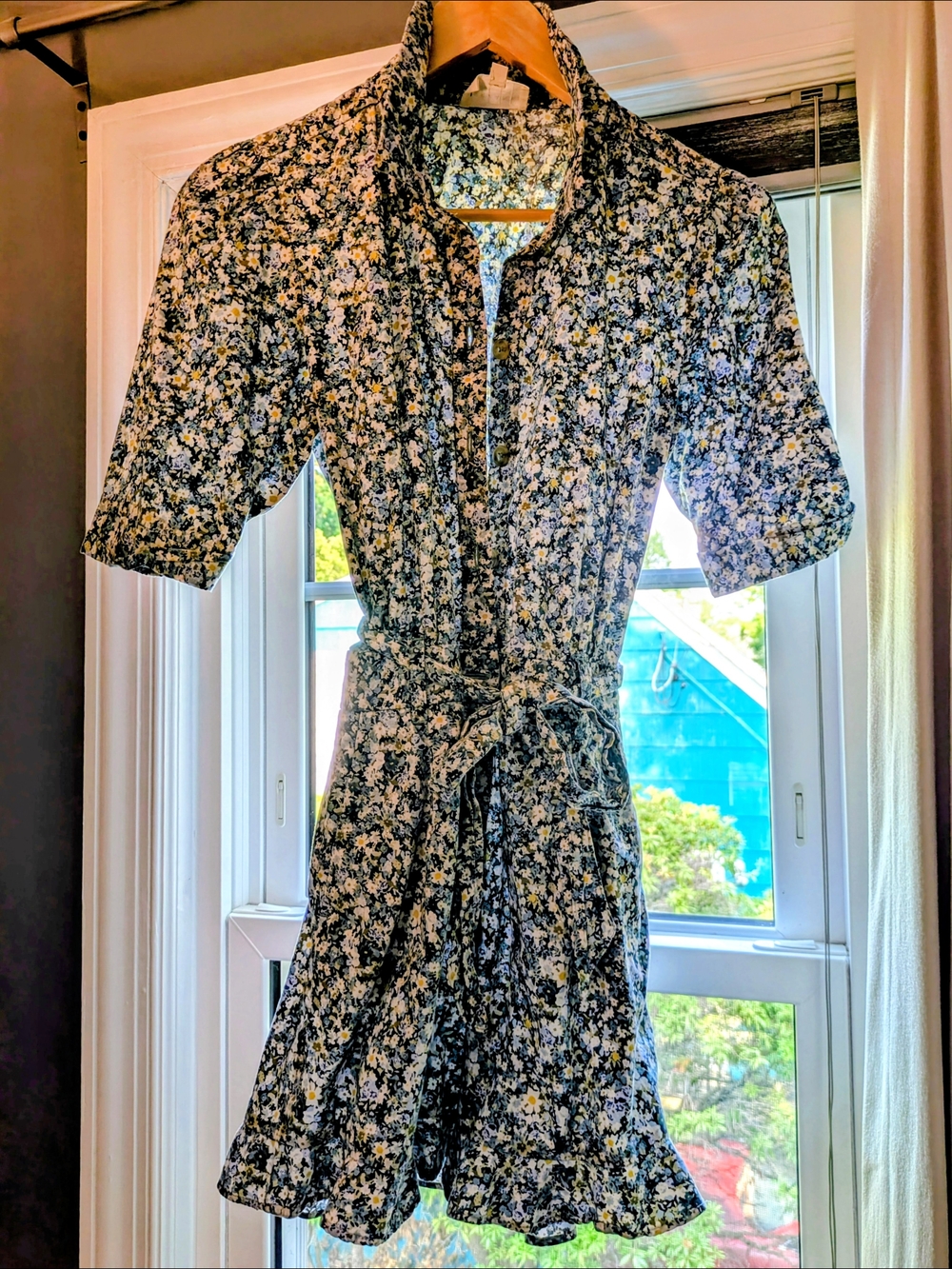 Sezane Blue and White Floral Button-Front Tie-Waist Romper